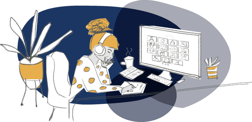 Sketch of a person sitting at their desktop computer with headphones on while attending Groundswell’s Leadership for Social Change Course.